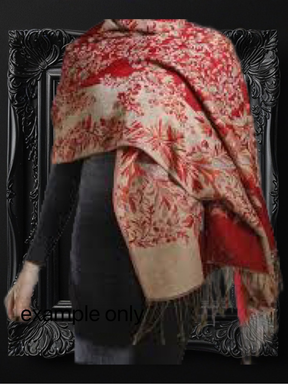 Floral Pattern Red and Cream Woven Shawl with Fringe (Kashmiri or Pashmina)